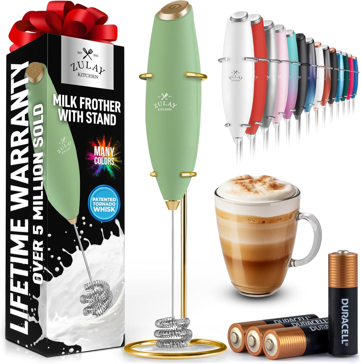Zulay Kitchen Tornado Whisk Milk Frother with 4 AA Duracell Batteries - Triple Whisk for More Power - Handheld Coffee Frother with Stand - Drink Mixer for Lattes, Matcha & Protein Shakes