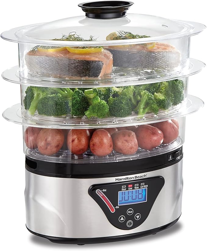 Hamilton Beach Digital Electric Food Steamer & Rice Cooker for Quick, Healthy Cooking with Stackable Three-Tier Bowls for Vegetables and Seafood, 8.25 Quart, Black & Stainless Steel