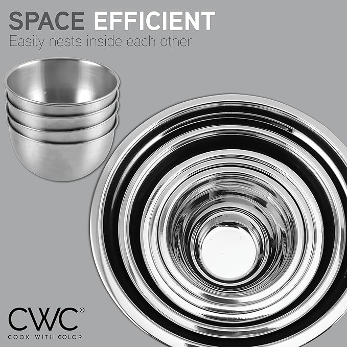 COOK WITH COLOR Stainless Steel Mixing Bowls Set with Lids - Nesting Bowls with Non-Slip Bottom, Silver, 22 Pieces