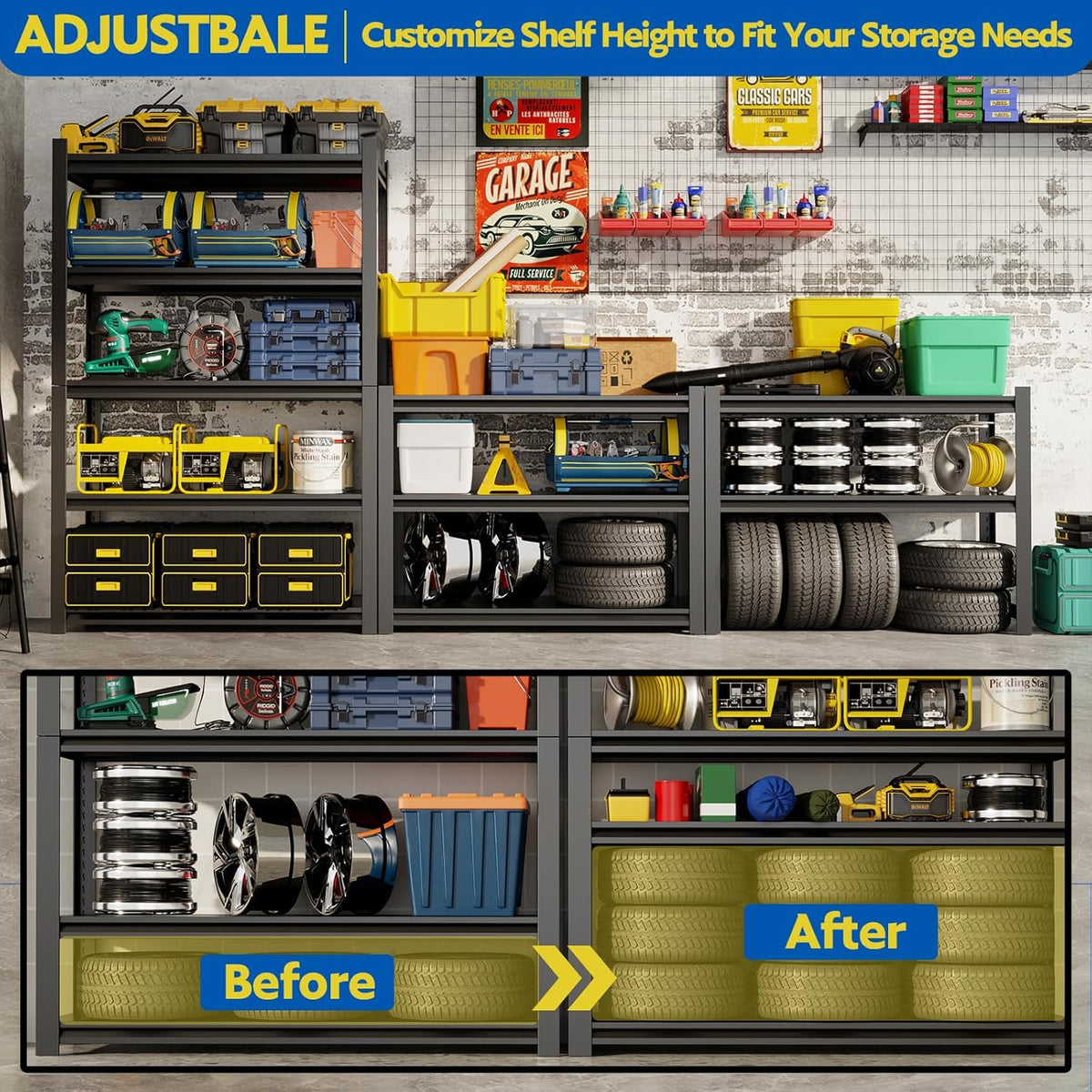 72''H Garage Shelving Heavy Duty, 2500LBS Storage Shelves, 5-Tier Adjustable Metal Shelve Storage Shelf Rack, Industrial Shelving Unit for Garage, Warehouse, Basement (35" W x 15.7" D x 72" H)