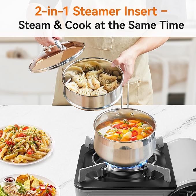 WANGYUANJI 2.5-Quart Stainless Steel Saucepan with Steamer Basket, 2-in-1 Pot & Steamer, Tri-Ply Base, Tempered Glass Lid, Induction Compatible