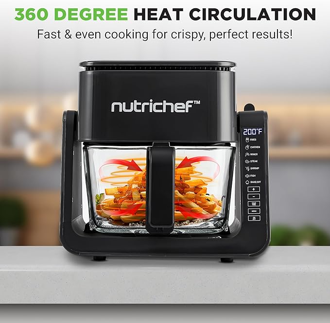 NutriChef 4 QT Air Fryer & Grill | 7-1 Preset Cook Modes | Transparent Fry Bowl for Best Cooking Results | Cook Shrimp, Steak, Fries, Wings & More | 4 QT Glass Air Fryer & 1.2 QT Grill | Black