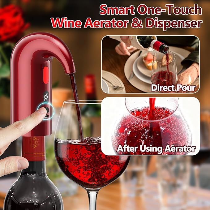 Electric Wine Aerator & Dispenser – 1-Touch Instant Aeration, Precision Pouring & Temp Display – USB Rechargeable Gift Edition for Parties, Holidays & Wine Lovers (Red)