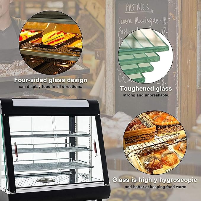 Whalefall 3-Tier Food Warmers Countertop, 27" Commercial Warm for Food Pizza Warmer w/ 3D Heating with Stainless Frame Sliding Glass Doors Pastry Display Case for Buffet Restaurant