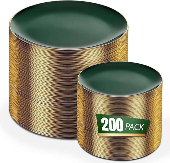 bUCLA 200PCS Green Plastic Plates - Green Disposable with Gold Rim Include 100 Dinner 10 inch & 100 Dessert 7 inch Plates, Ideal for Party & Christmas