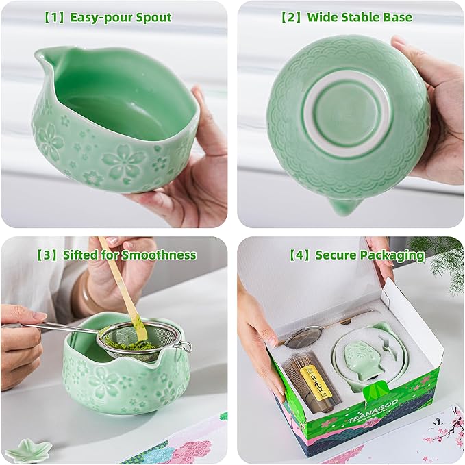 TEANAGOO Matcha Whisk Set,7 Pcs Matcha Set Blue Green,Ceremony Matcha Kit,Matcha Tea Set for Making Latte,Ceramic Bowl(chawan) whith Spout and Whisk,Gift for Matcha Lovers