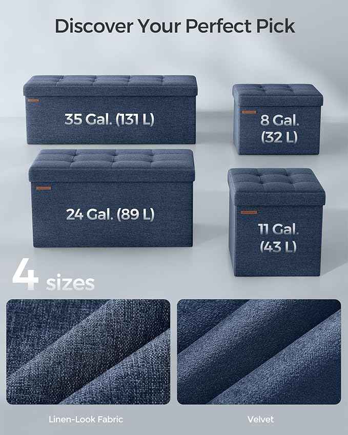 SONGMICS MAZIE Collection - 30 Inches Folding Storage Ottoman Bench, Ottoman Foot Rest, End of Bed Bench, Storage Chest, Load 660 lb, for Living Room, Bedroom, Entryway, Midnight Blue ULSF47IN