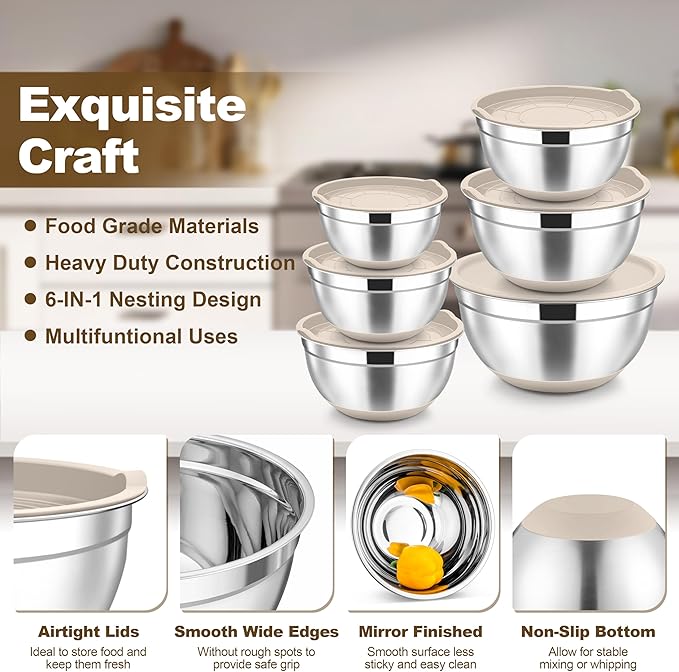 TeamFar Mixing Bowls, 6 PCS Stainless Steel Nesting Salad Bowl with Lids & 3 Graters, For Kitchen Cooking Serving Prepping, Airtight & Non-Slip, Size 4.6/3.5/2/1.5/1/0.7 QT, Khaki