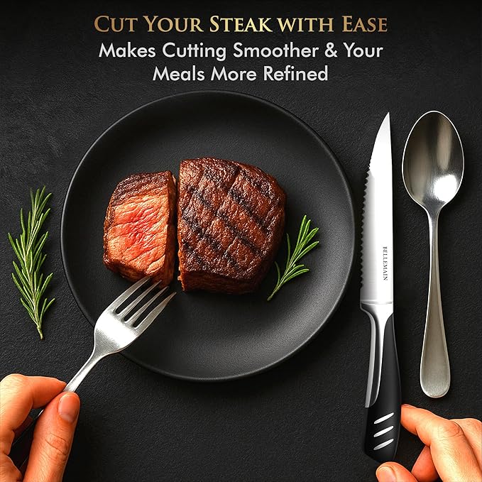 Bellemain Premium Steak Knives Set of 8, Kitchen Knife Sets with Steel Blades for Precise Cutting, Lightweight Steak Knife Set Stainless Steel & Durable, Serrated Steak Knives Dishwasher Safe