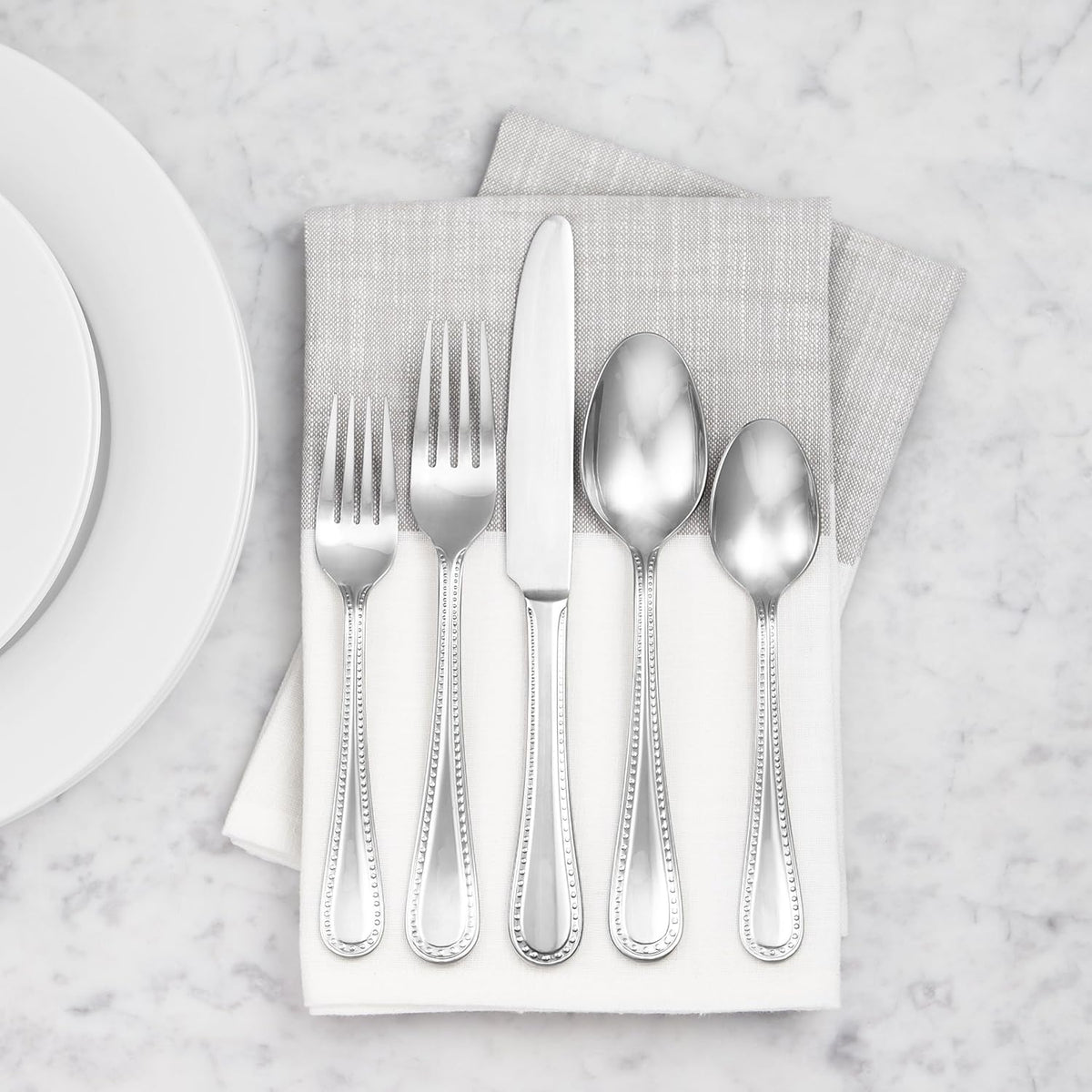 Amazon Basics Stainless Steel Dishwasher Safe Dinner Spoons with Pearled Edge, Large Tablespoons, 7.7 inches, Pack of 12, Silver