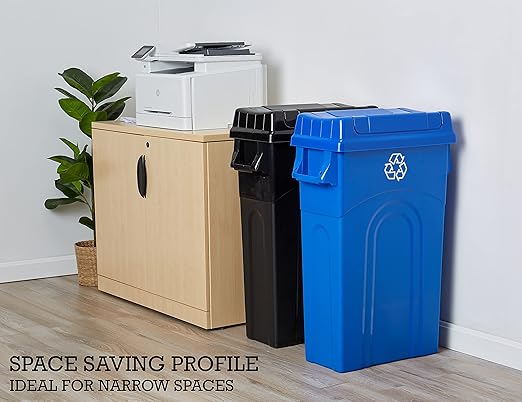 United Solutions 23 Gallon Highboy Plastic Recycling Bin Kitchen Trash Can with Lid, Pass Through Handles, and Dustpan Edge, Blue