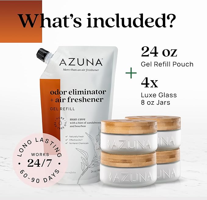 Azuna Air Freshener & Odor Eliminator for Strong Odor | 4 Room Kit Includes (4) Empty Luxe Glass Jars & 24oz Gel Refill with Tea Tree Essential Oil | Sandalwood Scent | Last 60-90 Days