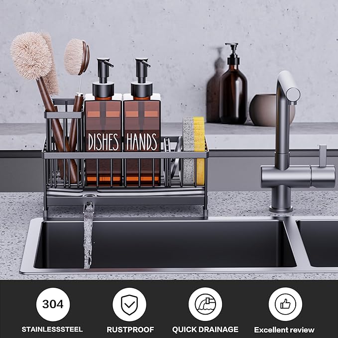 Cisily Dish Soap Dispenser, 12 fl oz Dual Kitchen Soap Dispensers with Sponge Holder, Plastic Pump Amber Glass Bottle Kitchen Soap Dispenser Set, Modern Hand and Dish Soap Bottle Set Removable