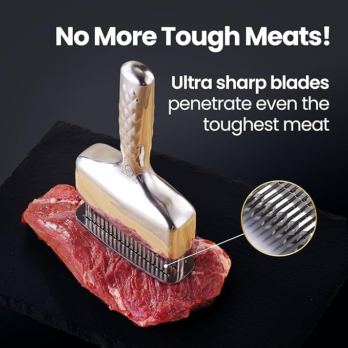 Meat Tenderizer Tool – Hassle Free Extra Long Handle, Rustproof One-Piece Meat Tenderizer Mallet & Hammer, Stainless Steel Blade Needle, Steak Cooking Accessories, No Assembly Needed, 5-Year Warranty