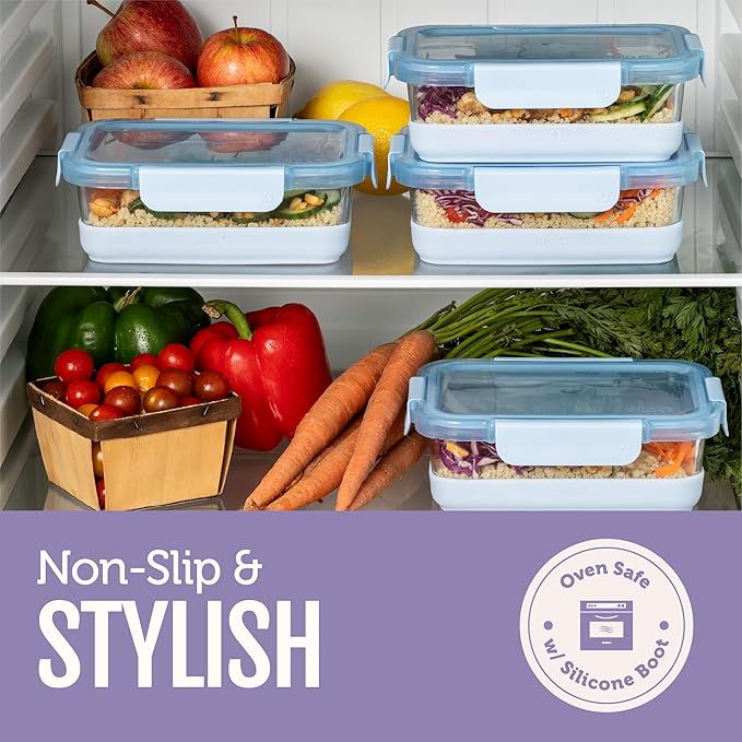 Ello Duraglass Refresh 3.4 Cup Meal Prep Sets 10Pc, 5 Pack Set- Glass Food Storage Container with Silicone Boot and Airtight BPA-Free Plastic Lids, Dishwasher, Microwave and Freezer Safe,Everest