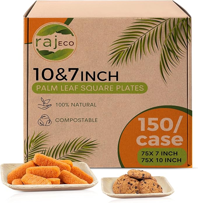 Raj Palm Leaf Plates Bulk [50-Pack] 10" & 7" Square Plates (3 CASES - 150 PACK) like Bamboo plates Disposable, Strong, Decorative Compostable Tableware for weddings, Lunch, Dinners etc