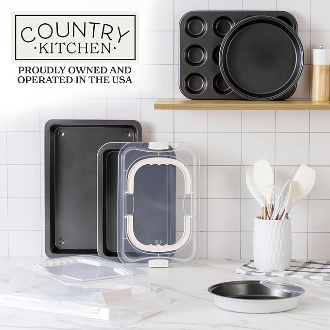 Country Kitchen Baking Pans Set - 10 Piece Non-Stick Cake Pans with Carry Lids for Easy Storage & Travel, Perfect for Parties - Stackable, Cream