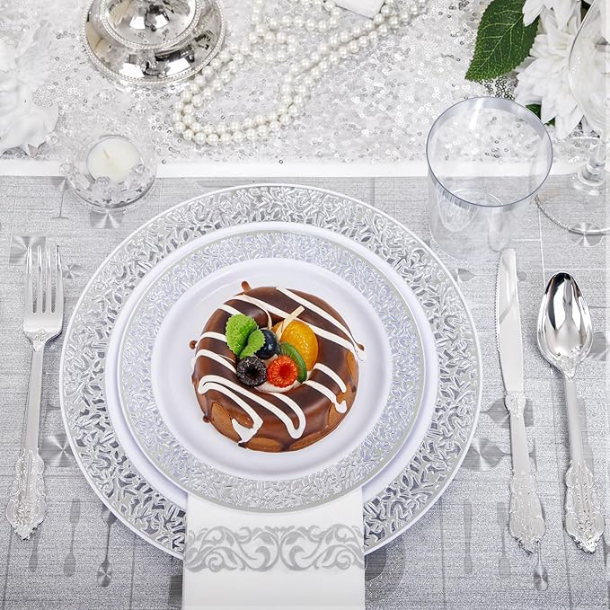 bUCLA 350PCS Silver Plastic Dinnerware Set - Silver Plates Disposable Lace Design for 50 Guests Include 100 Plates,50 Forks,50 Knives,50 Spoons,50Cups,50 Napkins,Ideal for Party,Wedding&Christmas