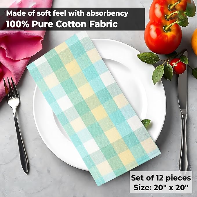 Urban Villa Cotton Dinner Napkins Set of 12 Highly Absorbent Soft Premium Cloth Napkins 20x20 Inches Hotel Quality Reusable & Washable Table Dinner Napkins for Home (Green Sand Buffalo Checks)