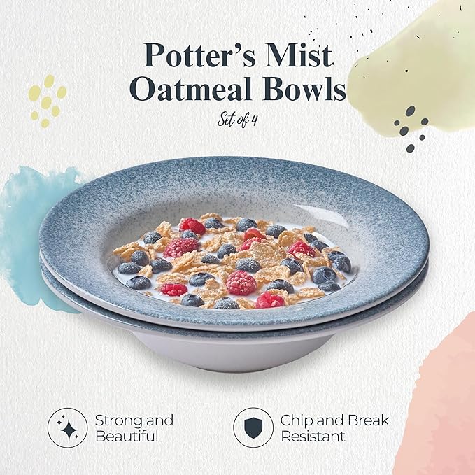 Portmeirion Potter’s Mist Oatmeal Bowls (Set of 4) - Versatile Earthenware Bowls for Kitchen, Soups, Cereal & Desserts - Dishwasher & Microwave Safe - Made in UK Dinnerware Collection (Blue Mist)