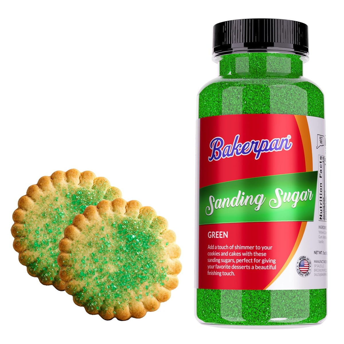 Bakerpan Green Sanding Sugar for Baking & Cookie Decorating - 5 Ounce Edible Green Sugar Sprinkles for Cookies, Cakes, Cocktails (Made In USA)