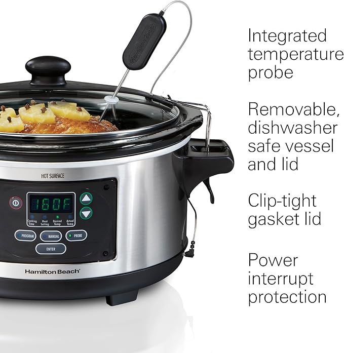 Hamilton Beach Portable 6 Quart Set & Forget Digital Programmable Slow Cooker with Lid Lock, Temperature Probe, Dishwasher Safe Crock & Lid, Stainless Steel (33969A)