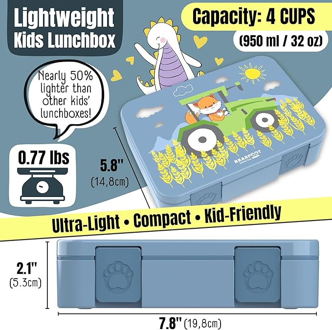 BEARFOOT Kids Lunch Box with Compartments – Compact & Lightweight | Leak-Proof, BPA-Free, Dishwasher & Microwave Safe | Hand-Drawn Design for Preschool, School, Travel (Tractor Fox Blue, 4 Cups)