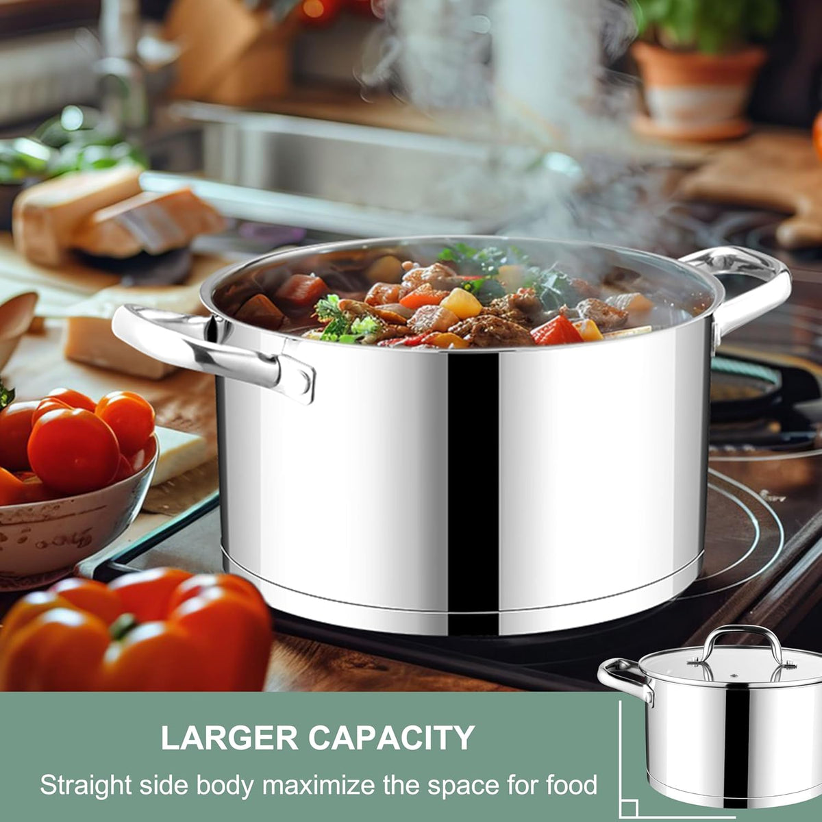 E-far Stainless Steel Stockpot, 5 Quart Pot with Glass Lid for Soup Pasta, Induction Nontoxic Cooking Pot for All Stoves, Thick Tri-Ply Bottom & Double Riveted Handle, Oven & Dishwasher Safe