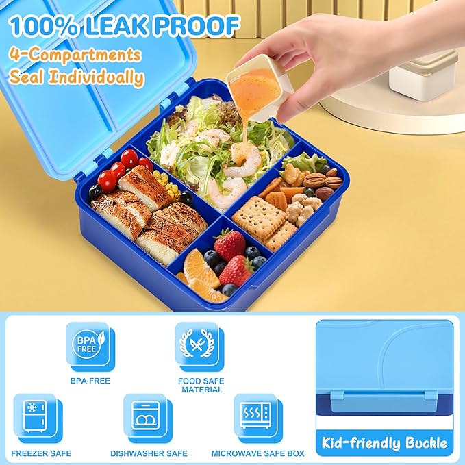 MAXSO Bento Lunch Box Set with 8 oz Soup Thermo, Kids Leakproof 4 Compartments Hot Food Container with Sauce Cup, Ice Pack and Lunch Bag, Child Insulated Food Jar for School - Blue