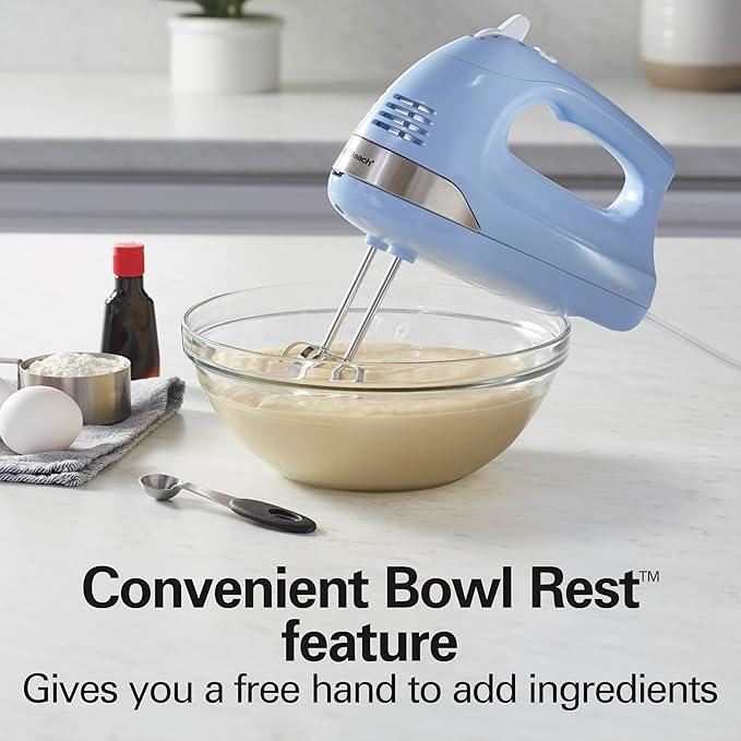 Hamilton Beach 6-Speed Electric Hand Mixer with Whisk, Dough Hooks and Easy Clean Beaters, Powerful 275 Watt Motor, Snap-On Storage Case, Blue