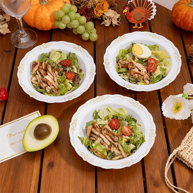 DaYammi 50 Pack Plastic Bowls with Gold Rim, 12oz Disposable Soup Bowls, Heavy Duty Dinner Bowls for Weddings, Parties, Dinners, Catering and Everyday Use