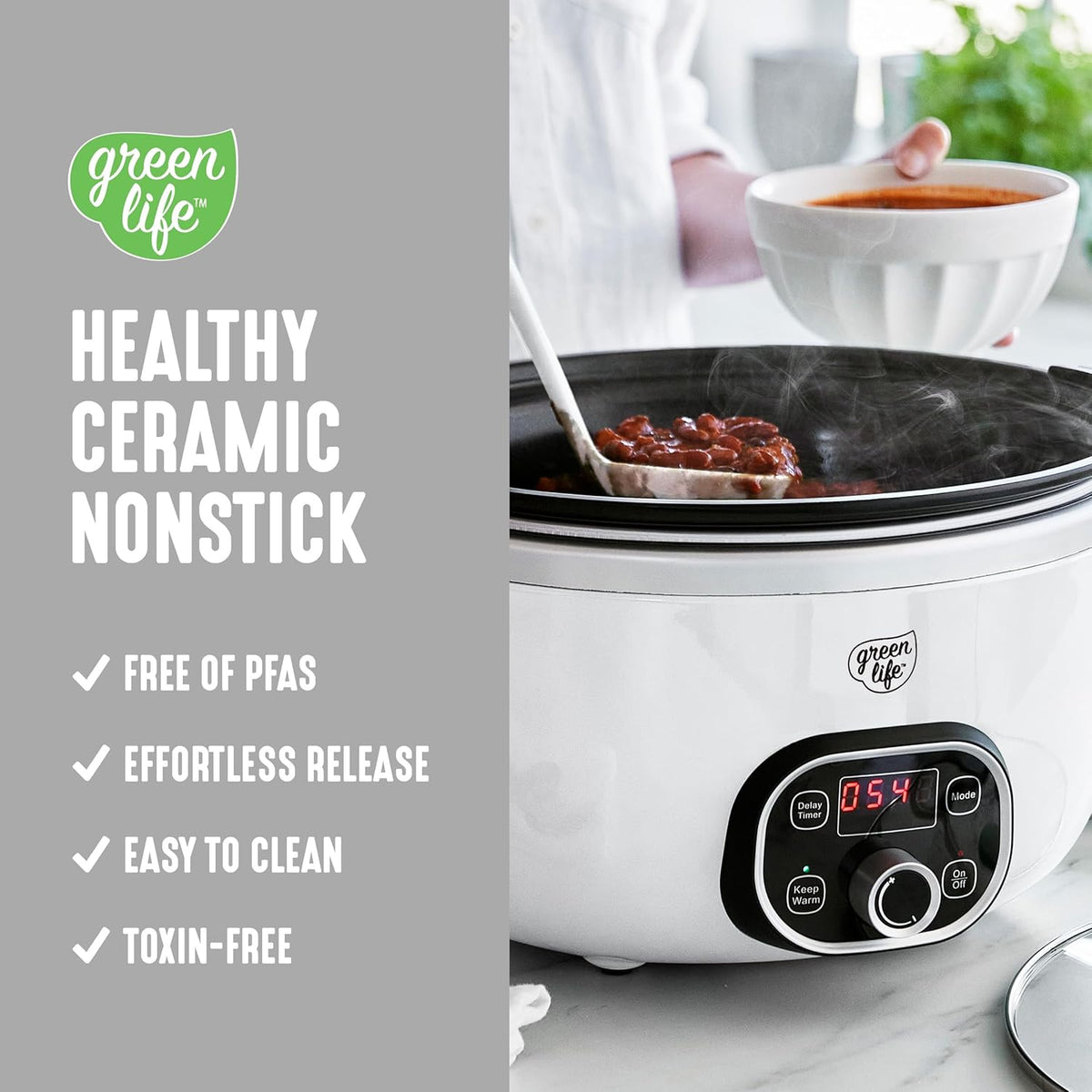 GreenLife 6QT Slow Cooker, Non-Toxic PFAS-Free Ceramic Nonstick Removable Interior Bowl, Programmable, Family Friendly, Keep Warm, Stovetop & Oven Safe, Dishwasher Safe Parts, Timer, Glass Lid, White
