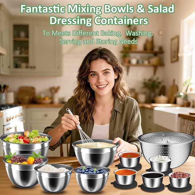 Mixing Bowls with Lids Set, 27Pcs Stainless Steel Nesting Mixing Bowls Set for Kitchen Cooking & Storage, Metal Salad Bowls with Colander, Strainer, Grater & Dressing Containers, Kitchen Gadgets Black
