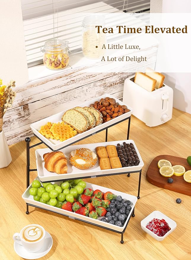 Yedio 3 Tiered Serving Stand, Foldable Rectangular Food Display Stand with White Platters - Serving Trays, Dessert Display Server for Brithday Party, Valentine's Day and Events