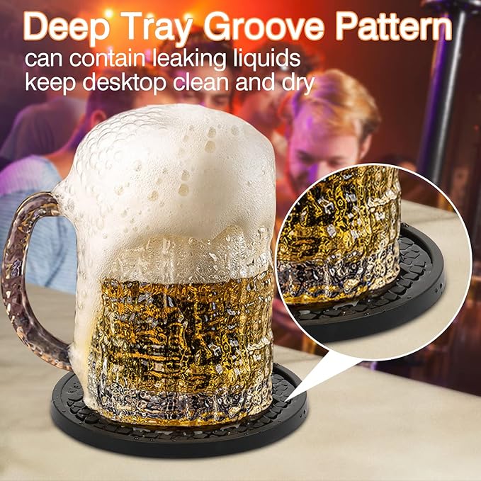 3 Pack Silicone Coasters for Drinks, Thickened Black Coaster with Deep Tray Grooved Design Cup Mat, Washable Heat Resistant Durable Non-Slip Coasters for Coffee Table Wooden Desk Kitchen Bar