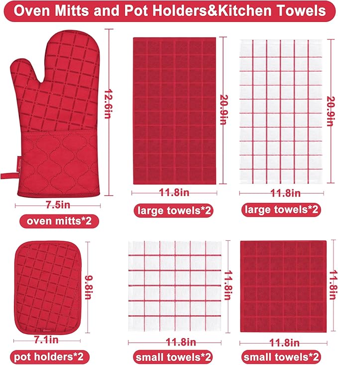 Oven Mitts Kitchen Towels and Dishcloths Pot Holders Sets, Oven Gloves Kitchen Dish Towels 500 Degree Heat Resistant Potholders with Non-Slip Silicone Surface for Cooking, Grilling, Baking-Red