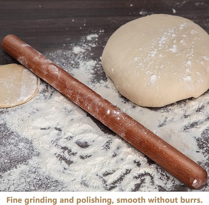 Aisoso French Rolling Pin, 17.7 Inches Wood Rolling Pin for Baking Extra Long Thickened, Classic Wooden Dough Roller for Fondant Pizza Pie Crust Cookie Pastry, Essential Kitchen Utensil, Brown