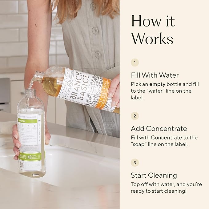 Branch Basics Cleaning Essentials Kit: All Purpose, Glass and Bathroom Cleaner - Concentrate (33.8 Oz) (17 Refills) + Refillable Plastic Spray Bottles (24 Oz) Plant Based, Human-Safe, & Fragrance Free