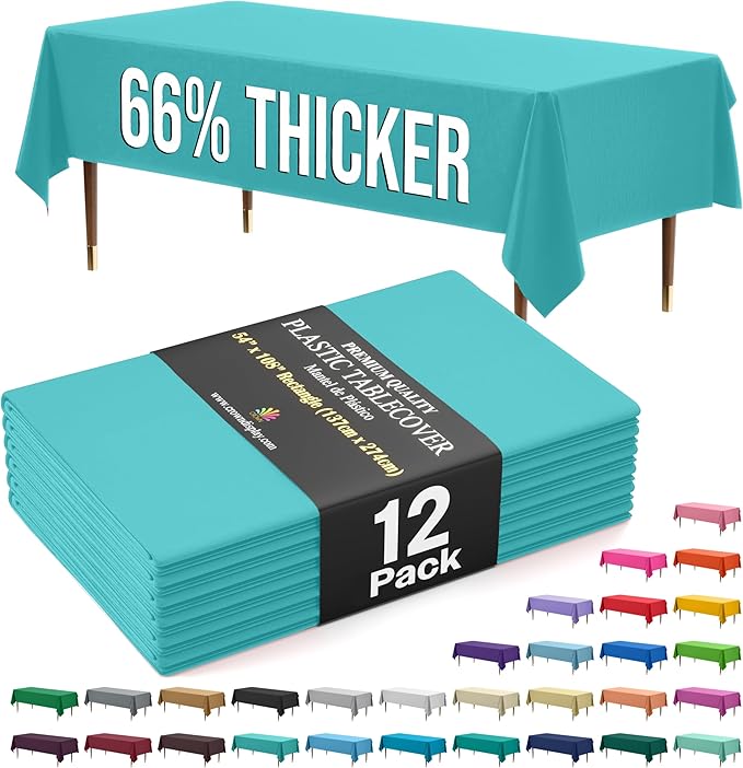 Exquisite 66% Thicker Premium Plastic Table Cloth Rectangle Table Cover 0.5 Mil 12 Pack Aqua Table Cloth 54 Inch x 108 Inch Disposable Tablecloth Won't Tear Easily Like Cheap Thin Brands