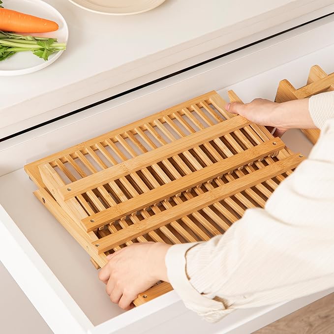 HBlife Bamboo Dish Drying Rack with Utensil Holder, 3-Tier Large Collapsible Wooden Dish Drainer Rack, Folding Drying Holder Dish Drainer for Kitchen Counter