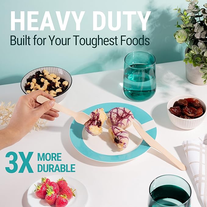 Disposable Wooden Knives - 300pcs - Heavy Duty & Extra Sharpened - Our Guilt-Free FSC Certified Wood Protects Forests - A Great Alternative to Bamboo Knives