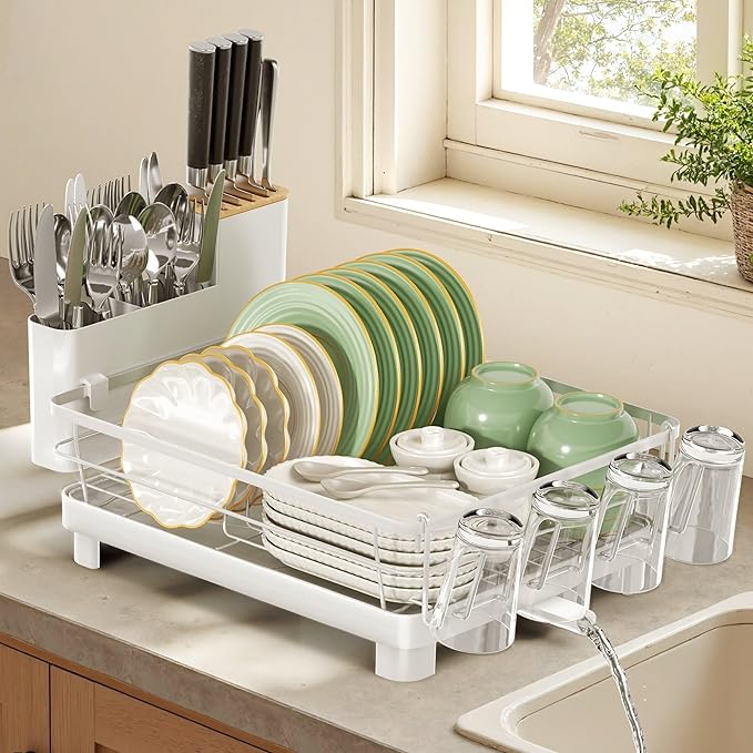 Runnatal Dish Drying Rack, Stainless Steel Dish Rack with Drainboard for Kitchen Counter and Sink, Detachable 2-in-1 Utensil Holder, Cup Holder, Large Capacity Dish Drainer, White