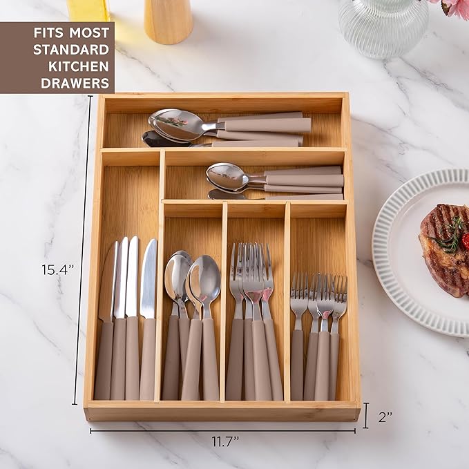 COOK WITH COLOR Bamboo Kitchen Utensil Set with Drawer Organizer | Cooking Tools and Storage Caddy, Brown, 25 Piece Cutlery Set