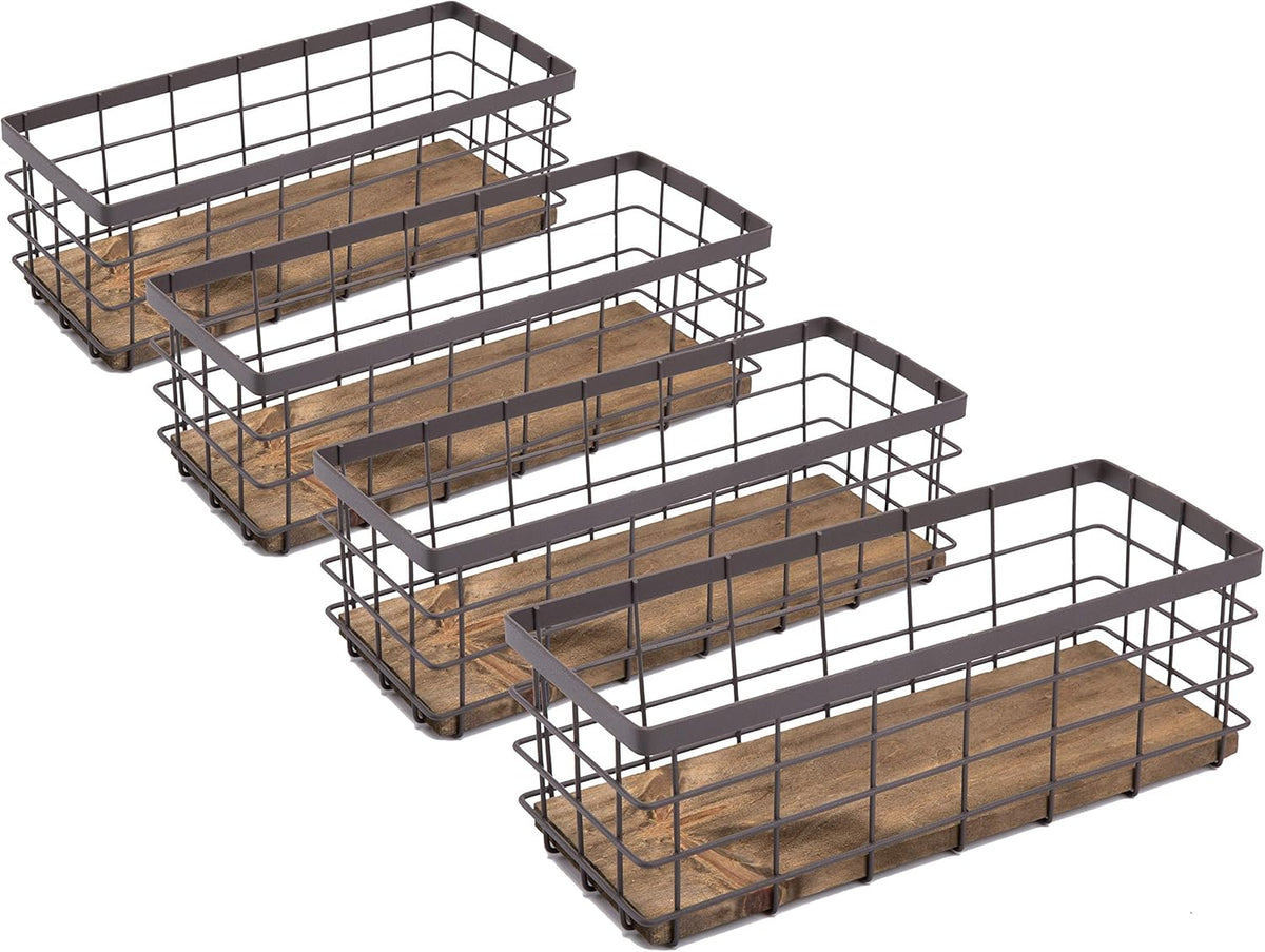 TIEYIPIN Small Metal Wire Storage Basket, Detachable Wood Base Storage Organizer Bin Basket for Kitchen Cabinets, Bathroom, Pantry, Garage, Laundry Room - Brown (4 Pack)