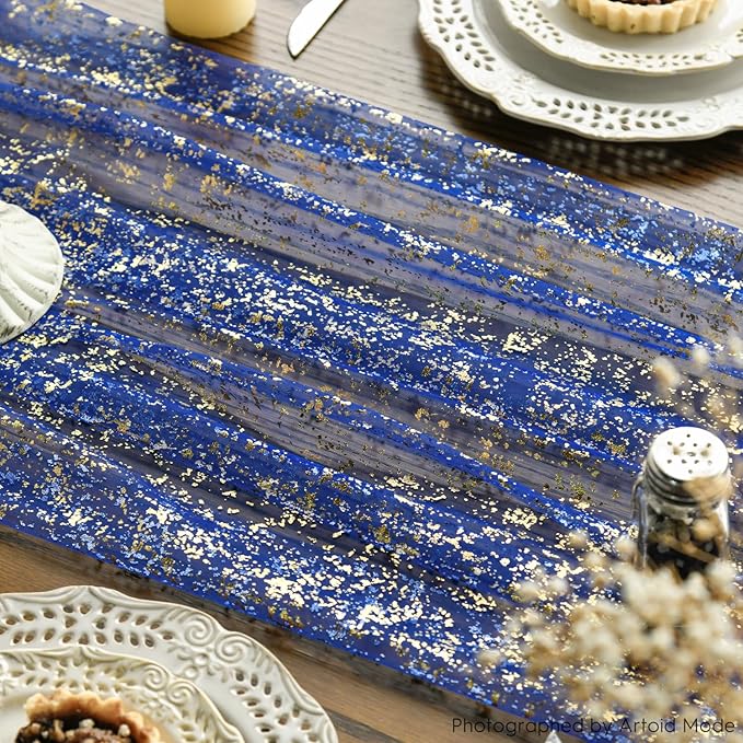 Artoid Mode 6PCS Blue Gold Gauze Table Runner 120 Inch 10FT, Glitter Metallic Foil Sheer Dining Wedding Anniversary Holiday Table Decor for Home Party