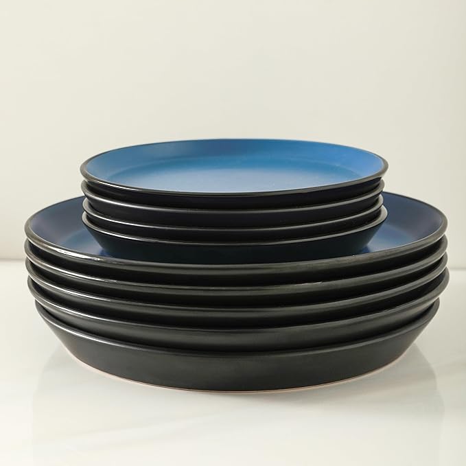 Stone Lain Albie Stoneware 32-Piece Modern Dinnerware Set, Kitchen Plates and Bowls Sets, Dish Set for 8, Blue and Black