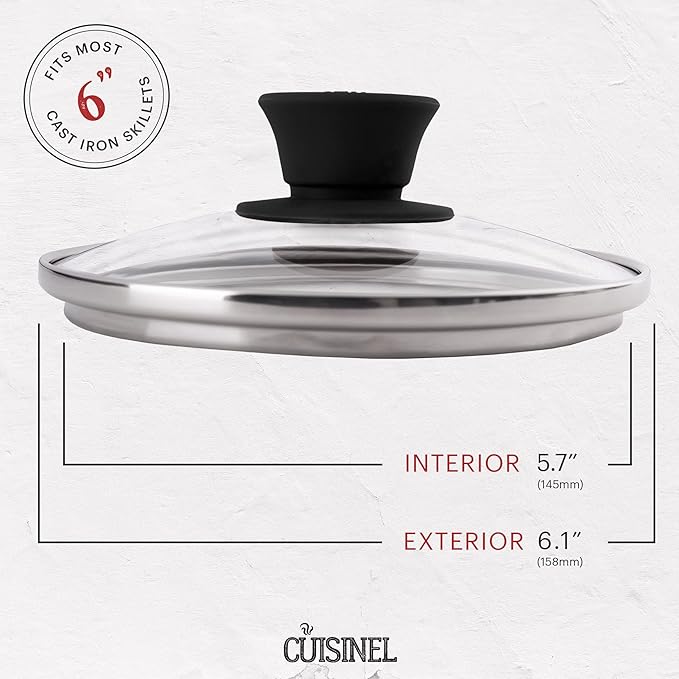Cuisinel Glass Lid - 6"-inch/15.24-cm/158mm - Compatible with Lodge - Fully Assembled Tempered Replacement Cover - Oven Safe for Skillets Pots Pans - For Any Cookware: Cast Iron, Stainless, Non-Stick