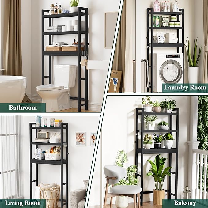 Smiry Over The Toilet Storage Cabinet, 3-Tier Bamboo Bathroom Organizers with Adjustable Shelf & 4 Hooks, Space Saving Shelf Rack for Bathrooms, Laundry Room, Balcony, Black