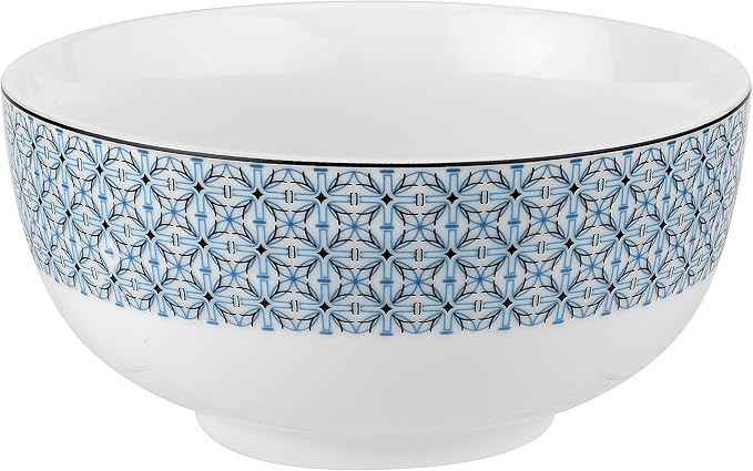 Portmeirion Home Mallorca 16 Piece Porcelain Dinnerware Set with Blue Geometric Border, 4 Place Settings - Ideal for Weekday Meals, Casual Brunches, Relaxed Dinner Parties, Small Family Celebrations