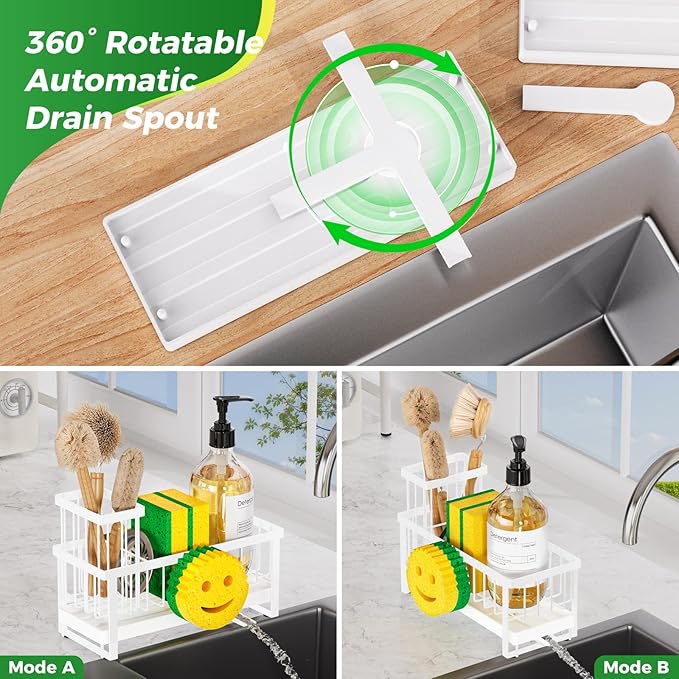 Sponge Holder for Kitchen Sink,Sink Caddy with Removable Dish Brush Holder,Self-Draining Kitchen Countertop Organizers and Storage Essentials,Soap Dispenser Organize and Home Decor-White